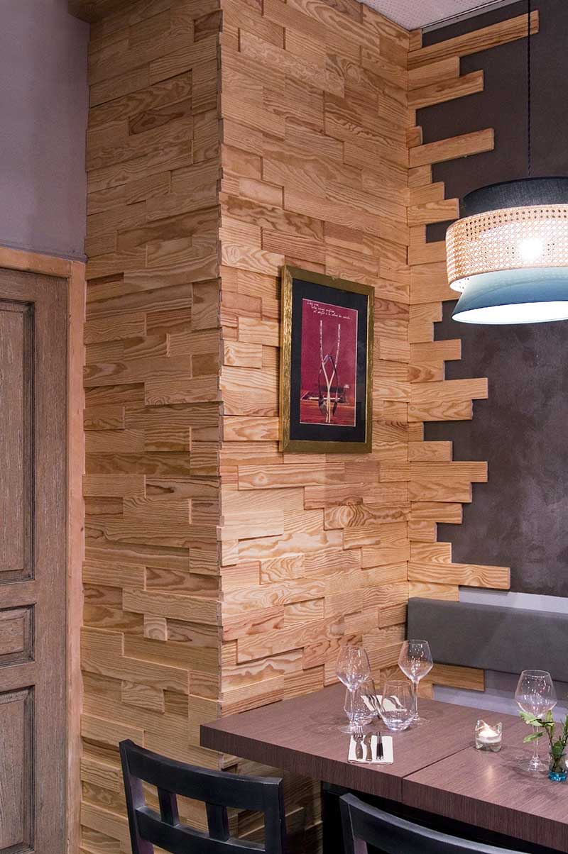 mur angle parement bois restaurant design asiatique Vietnamien