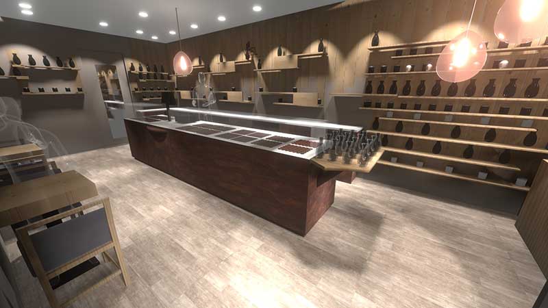 Vue 3D chocolatier design aménagement