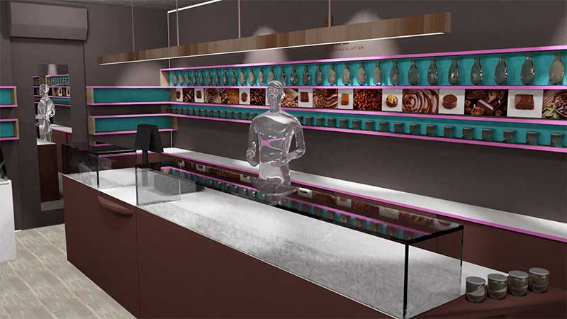 Agencement commerce chocolatier concept Vue 3D ton brun foncé