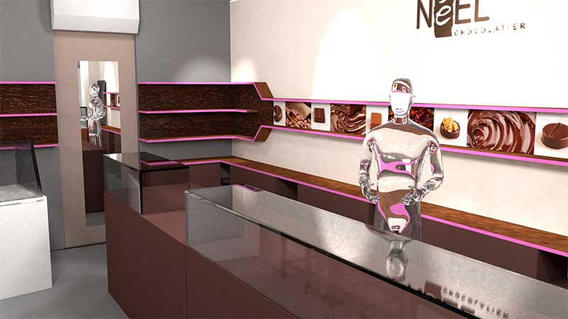Agencement commerce chocolatier concept Vue 3D ton clair et fuschia