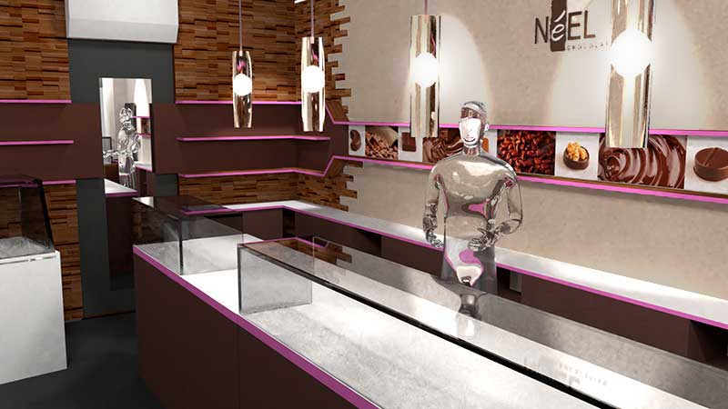 Agencement commerce chocolatier concept Vue 3D ton clair et habilalge bois